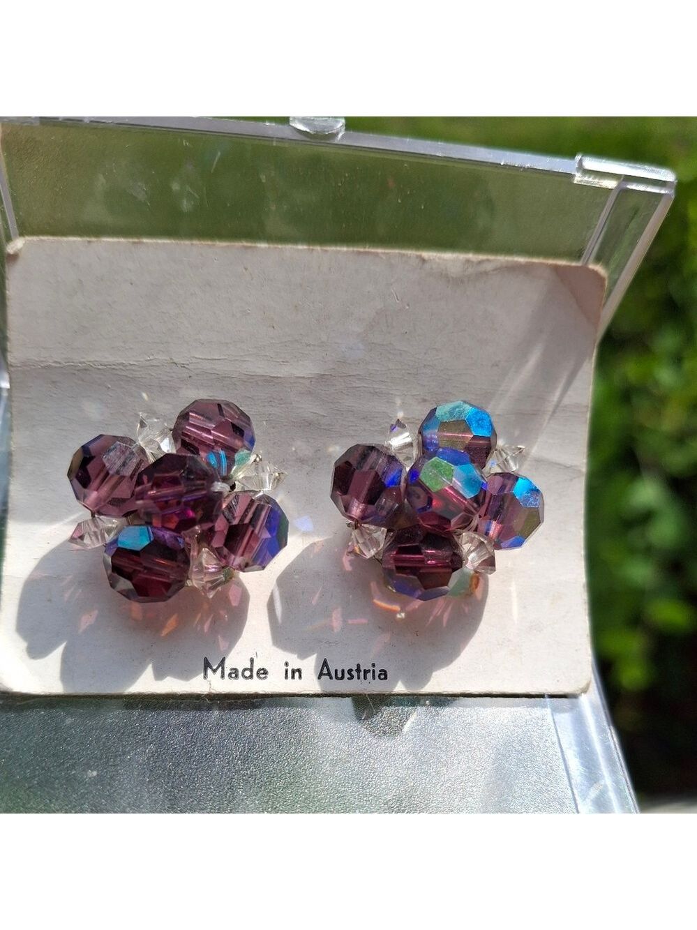 Austria purple Aurora borealis beaded clip on silver earrings New
